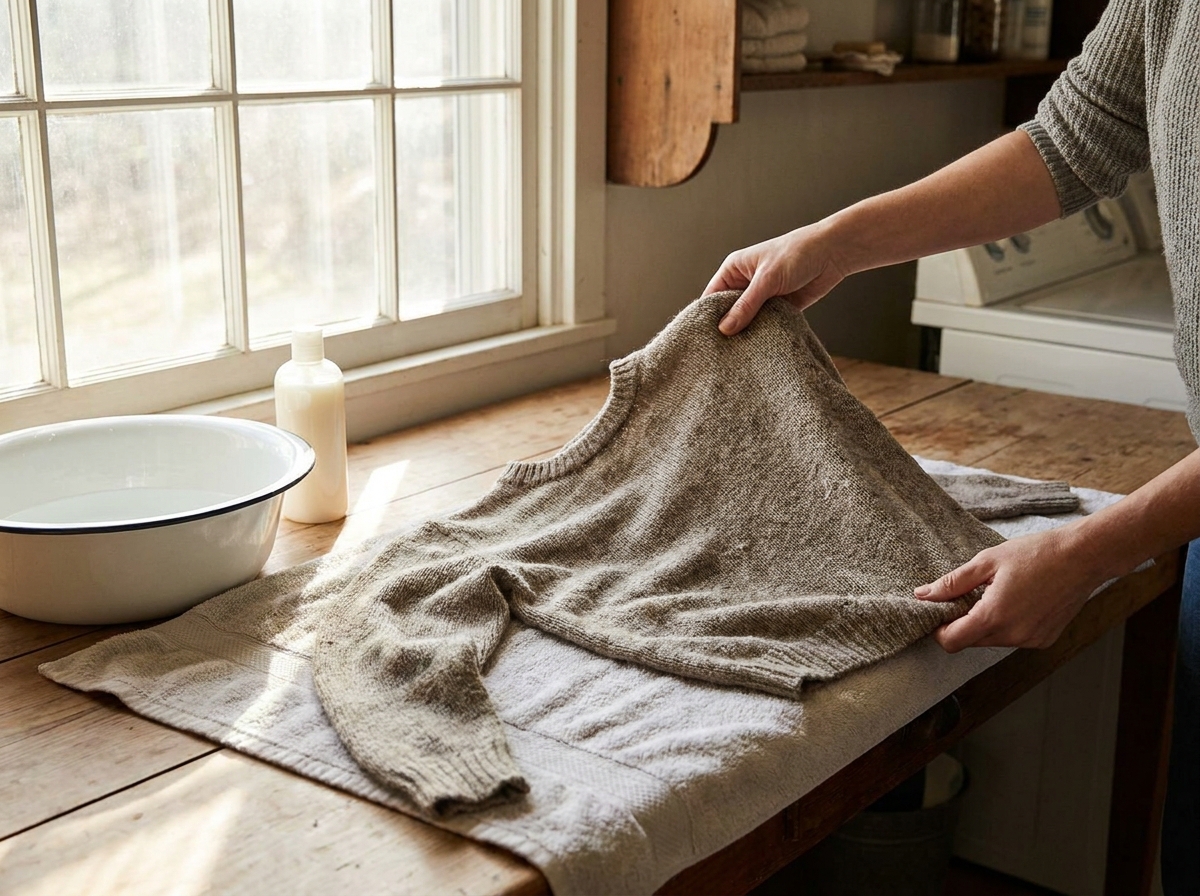 Gebreide trui plat gelegd op een handdoek naast een teil met lauw water en wolwasmiddel