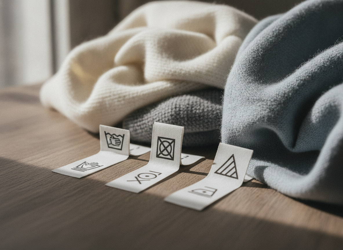 Close-up van een wasetiket in de zijnaad van een kledingstuk met wassymbolen