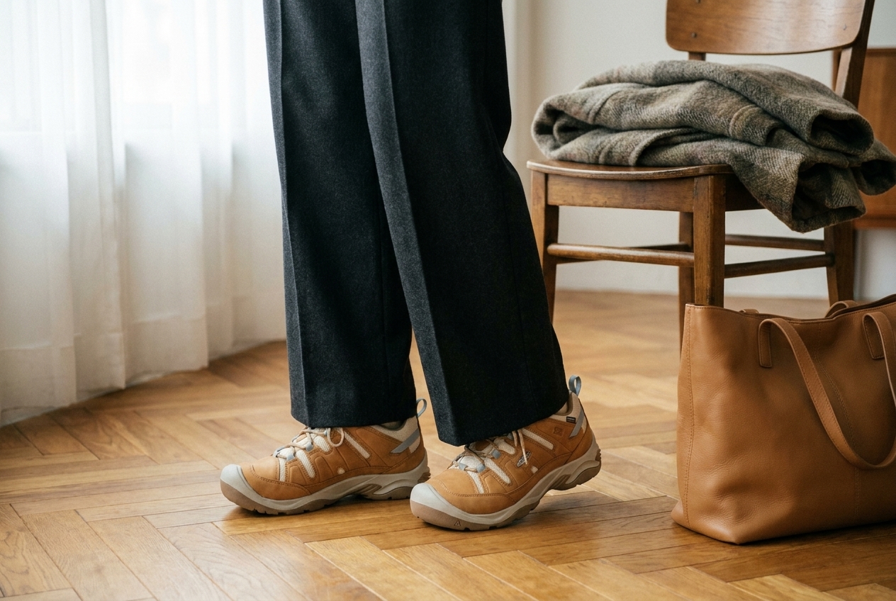 Leren veterschoenen bij een wollen jas