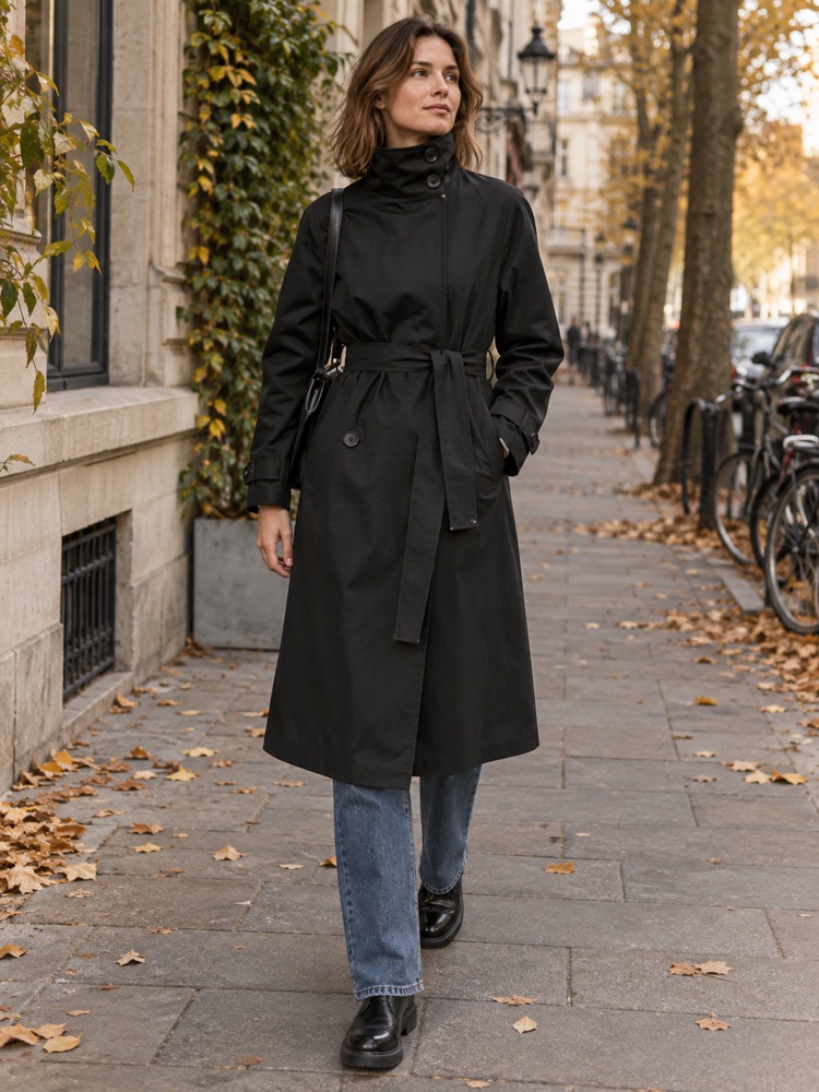 AI-sfeerbeeld ter inspiratie bij FUNNEL-NECK COTTON TRENCH COAT