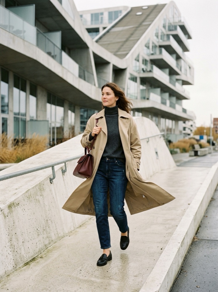 AI-sfeerbeeld ter inspiratie bij Een trenchcoat combineren met kleding die je al hebt