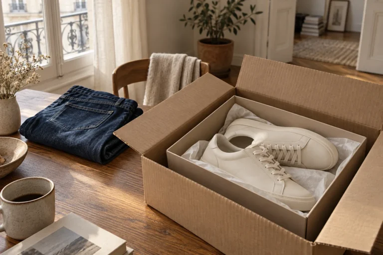 Witte sneakers in een schoenendoos met beschermende verzenddoos