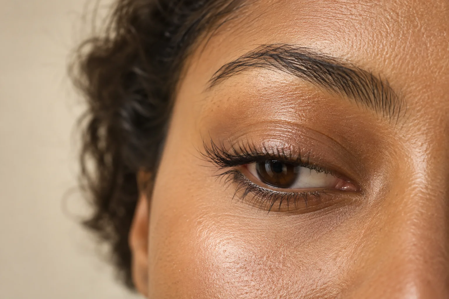 Een oog met lange, opwaarts gekrulde wimpers