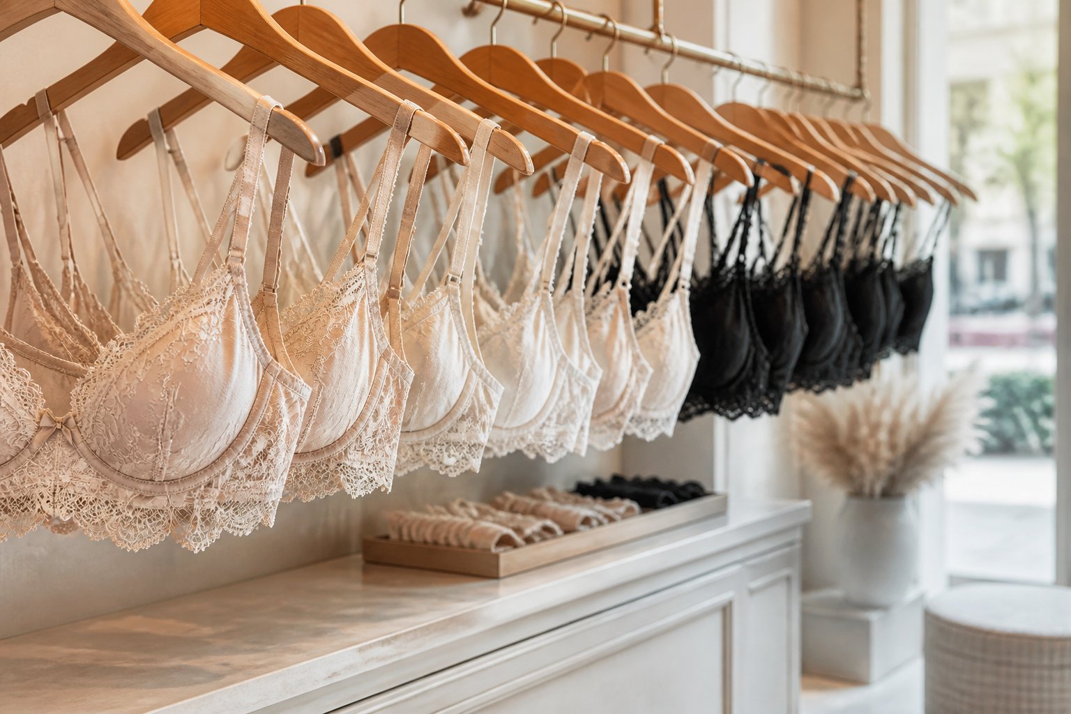 Kanten bh's op houten hangers in een lingeriewinkel
