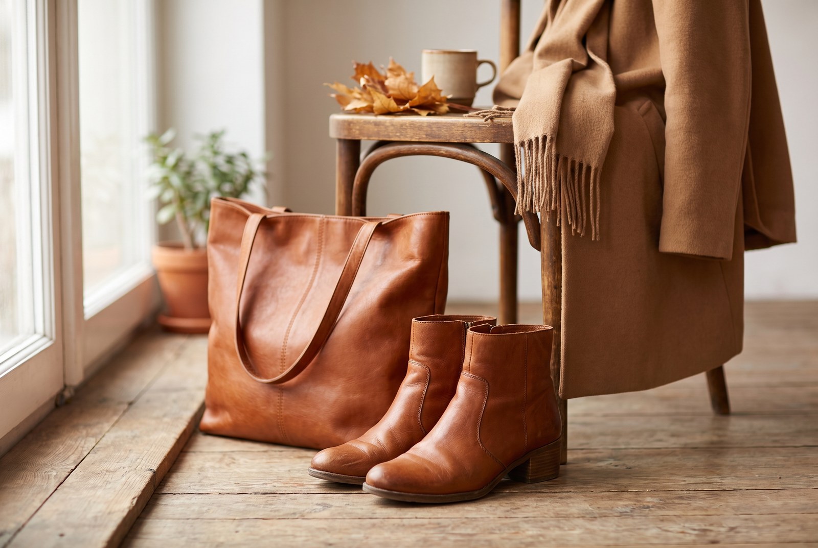 Cognac enkellaarsjes met blokhak naast een leren tas en een camel jas