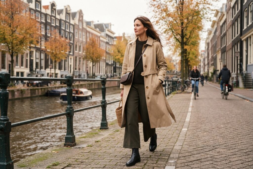 Vrouw in een lange zandkleurige regenjas op een droge herfstdag in de stad
