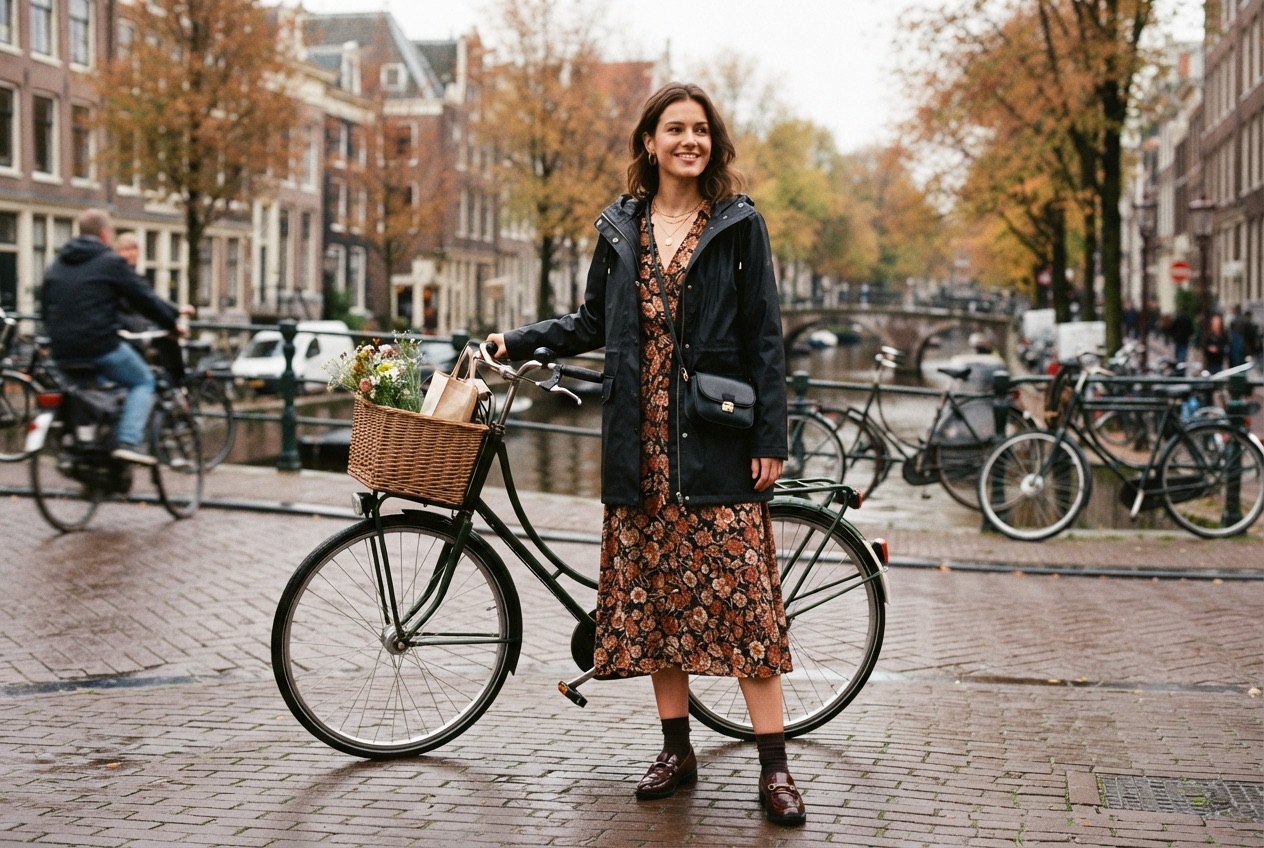 Korte zwarte regenjas over een jurk met bloemenprint naast een fiets
