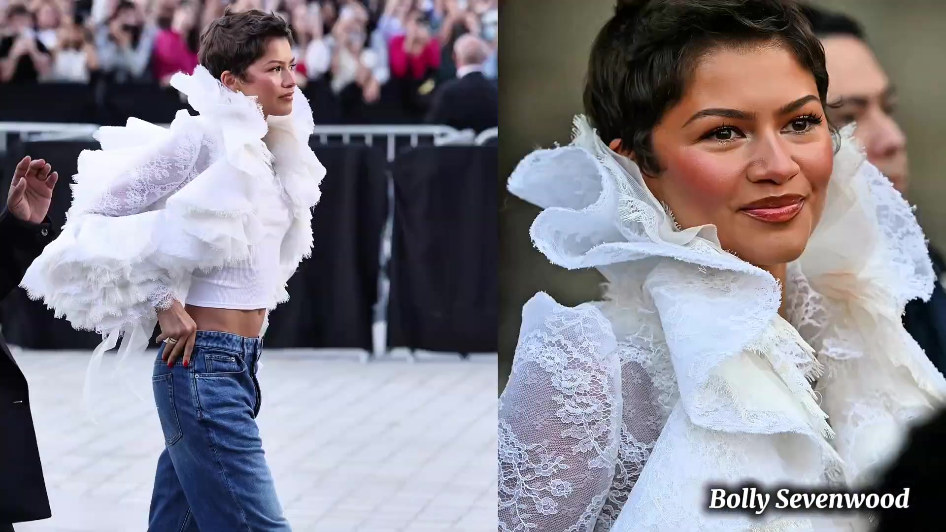 Zendaya met een korte pixie en een witte kanten ruchesblouse bij de show van Louis Vuitton in Parijs, uit een video van Bolly Sevenwood